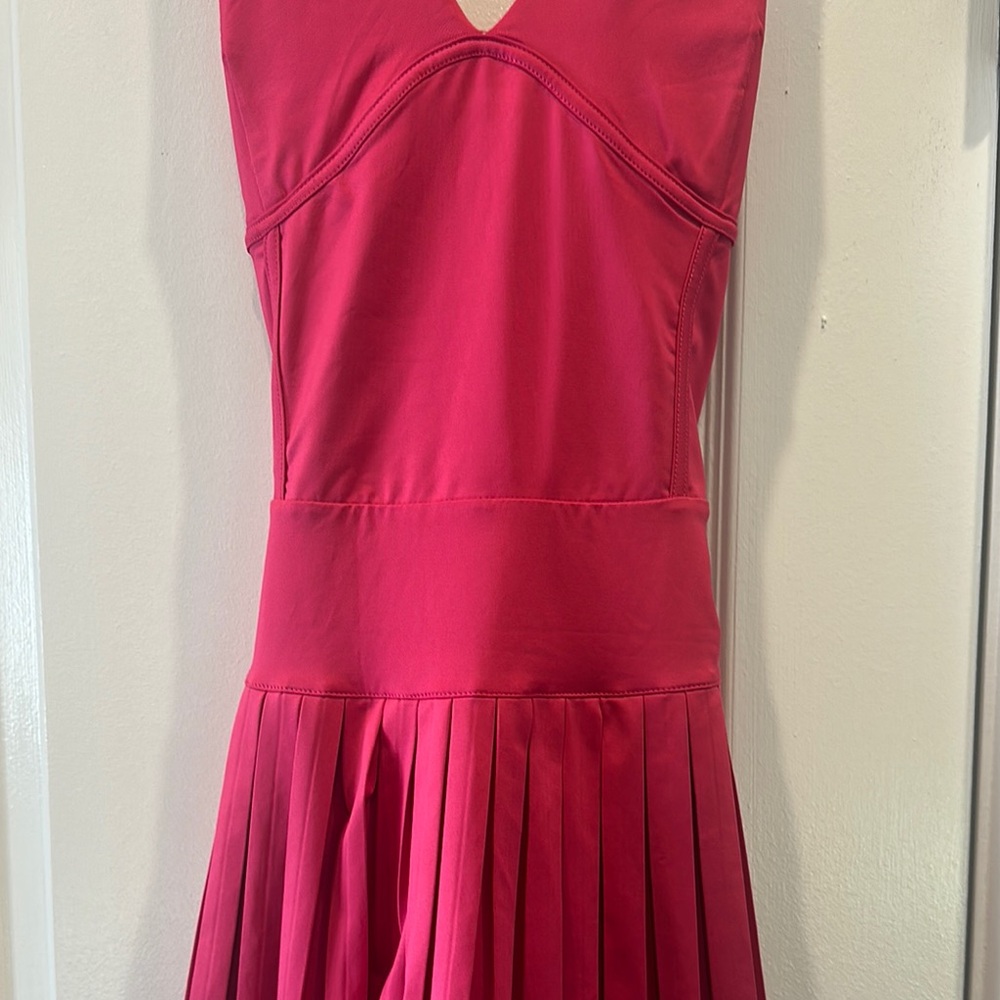 Gold Hinge V-Neck Pleated Pink Dress - Picture 2 of 3